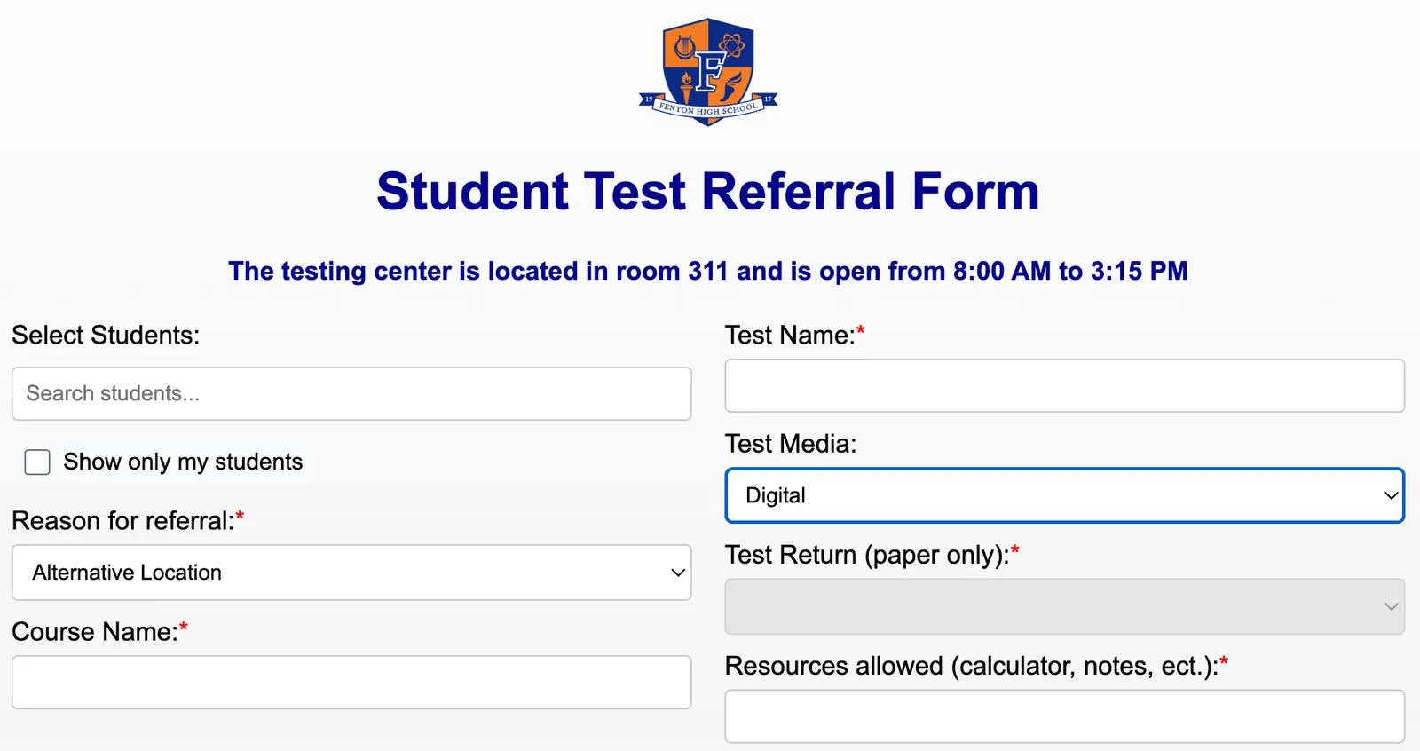 Cover for Testing Center Form